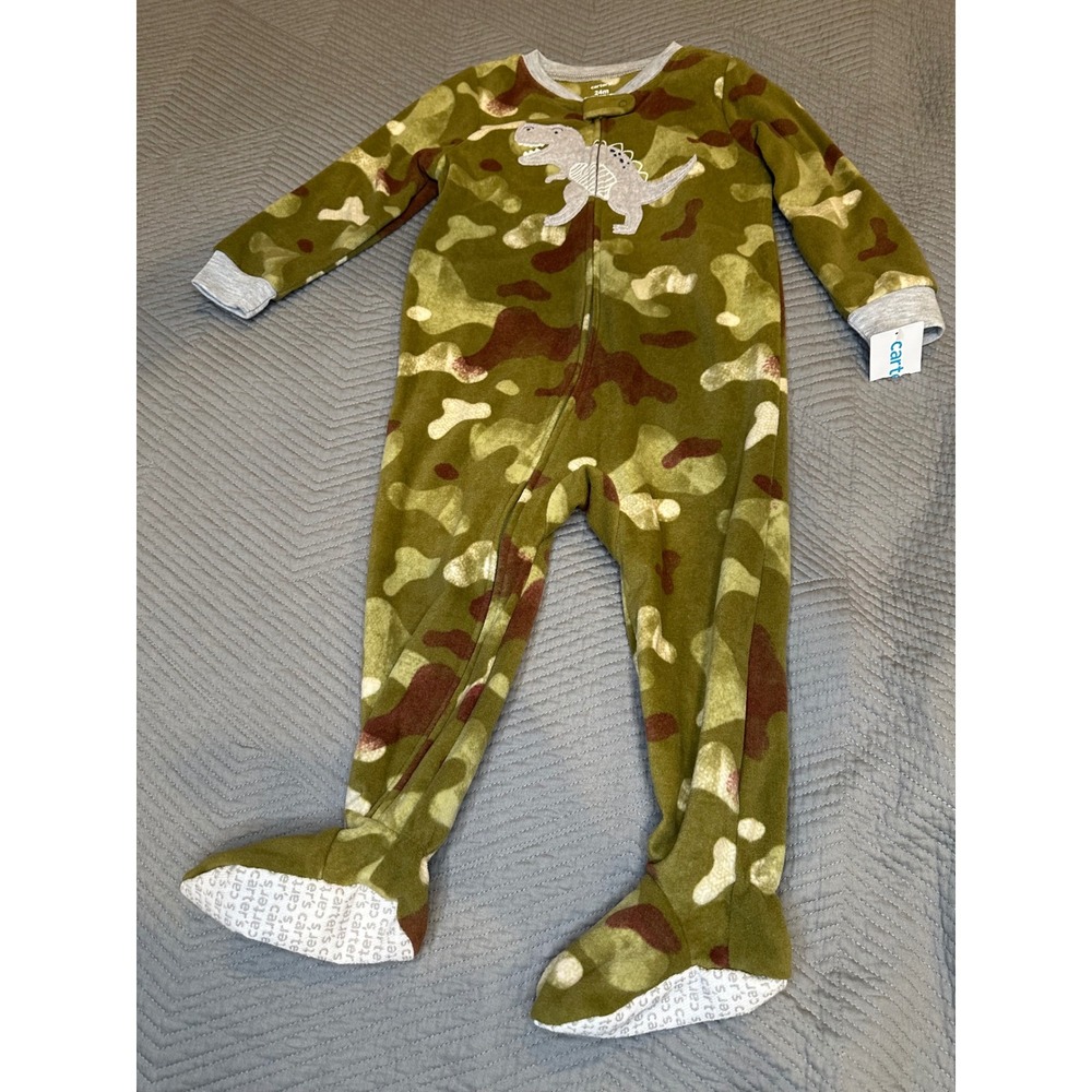Carters Toddler Boys 24M Camo Dinosaur Fleece Footed Sleeper Pajamas Green NWT